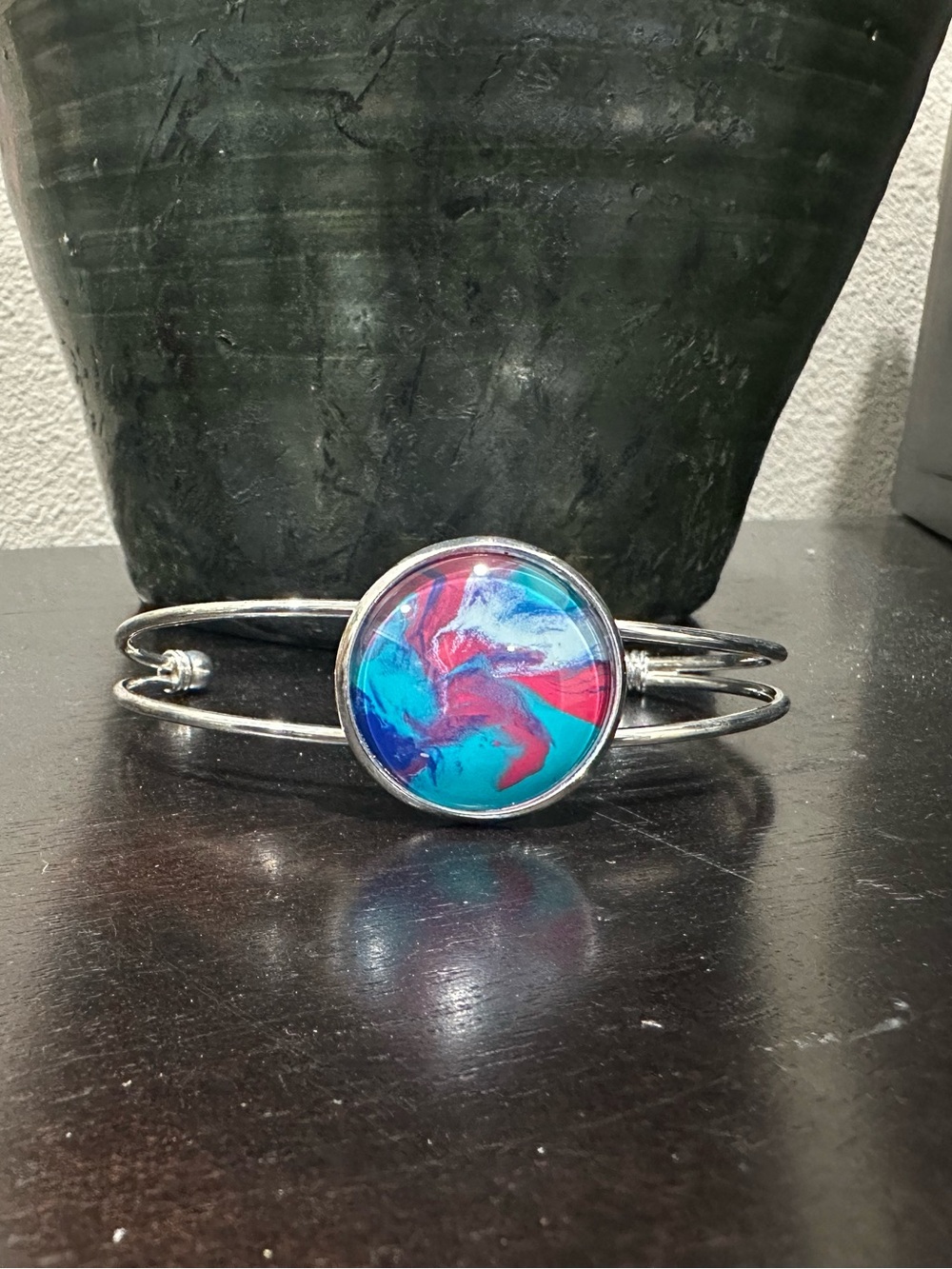 Silver-Tone Bracelet with Abstract Turquoise & Pink Cabochon